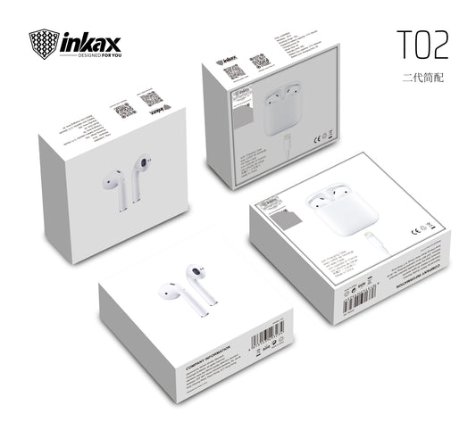 Inkax T02 Airpods Everyday Wireless earphones packaging display from multiple angles