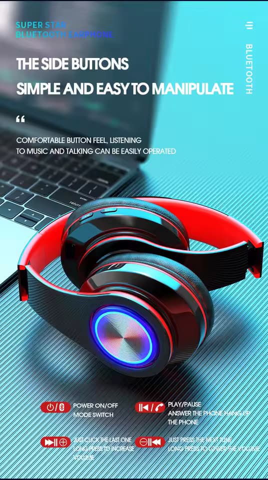 Wireless Bluetooth Headphone B39 with colorful LED lights and easy-to-use side buttons for audio control.