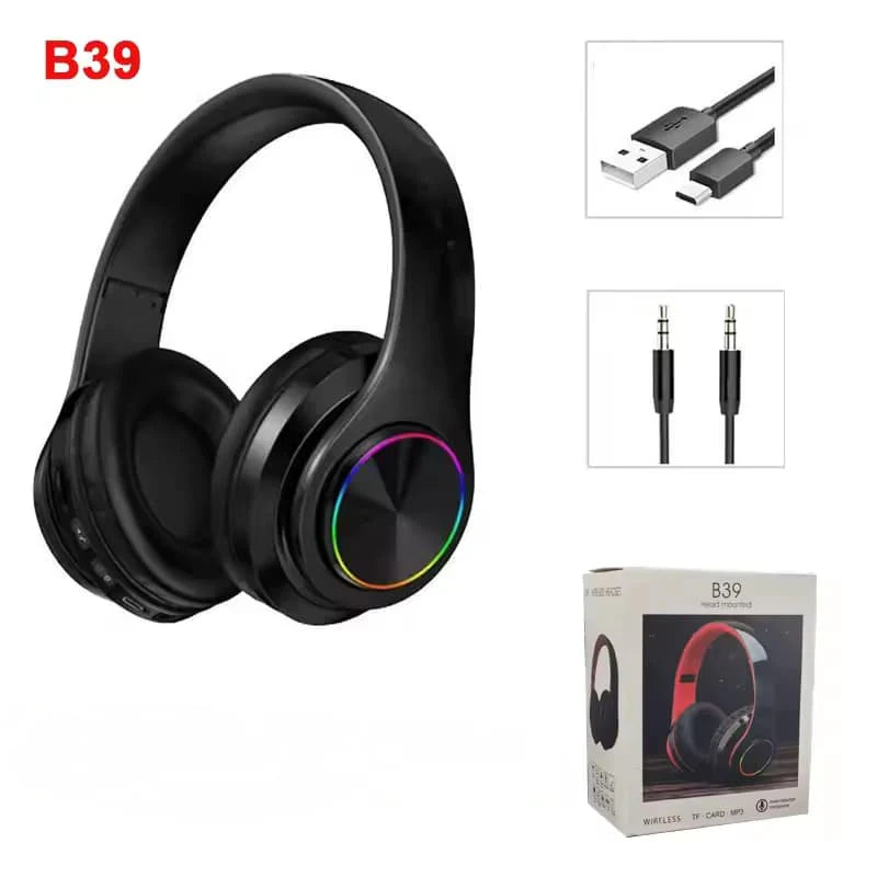 Wireless Bluetooth Headphone B39 with colorful LED light and accessories, ideal for dynamic music enjoyment.