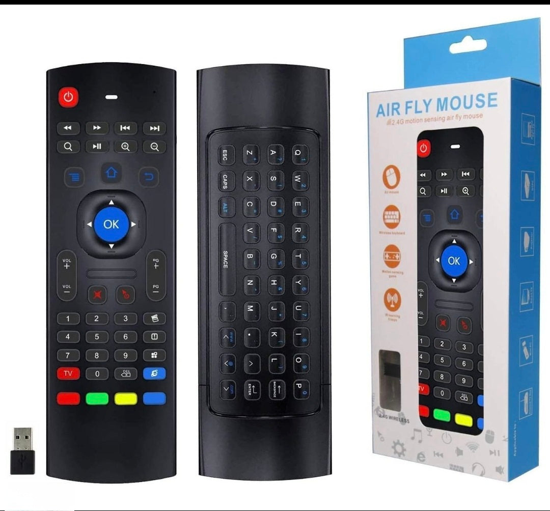 2.4GHz Wireless Keyboard Remote Fly Air Mouse For Android TV Box Black shown in image with packaging.