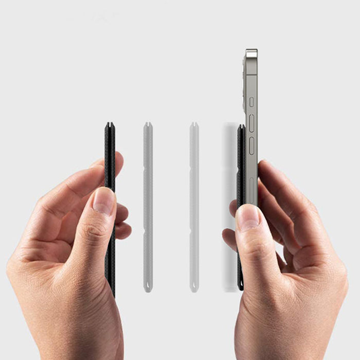 Magnetic Card Holder Mobile Phone Holder Card Holder Accessories demonstrated in hands with an iPhone.