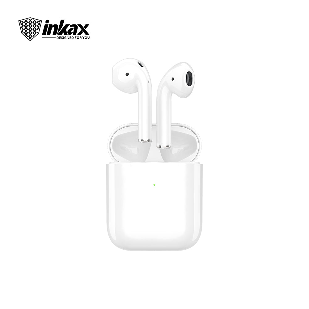 Inkax T02 Airpods Everyday Wireless earphones in charging case with sleek design and smart touch controls.