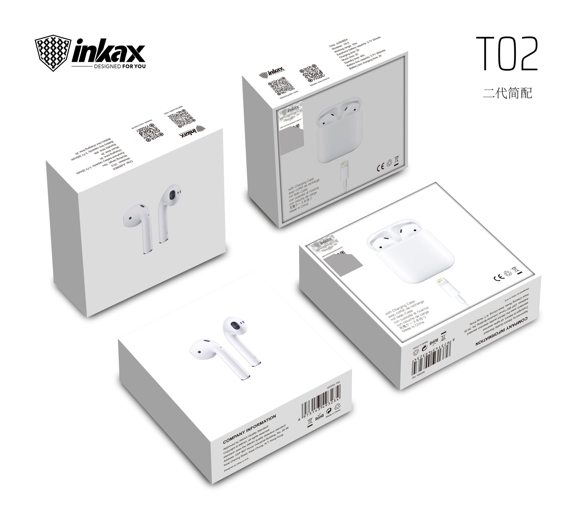Inkax T02 Airpods Everyday Wireless earphones packaging display from multiple angles
