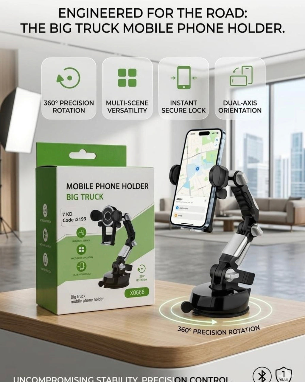 The Big Truck Mobile Phone Holder (Model X0666). It is a heavy-duty, multi-jointed mechanical car mount designed specifically for large trucks, construction vehicles, and SUVs.